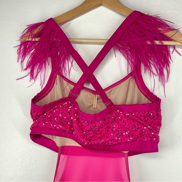 Weissman Hot Pink Feathered Shoulders Dance Leotard with mesh stomach NEW - Picture 5 of 10